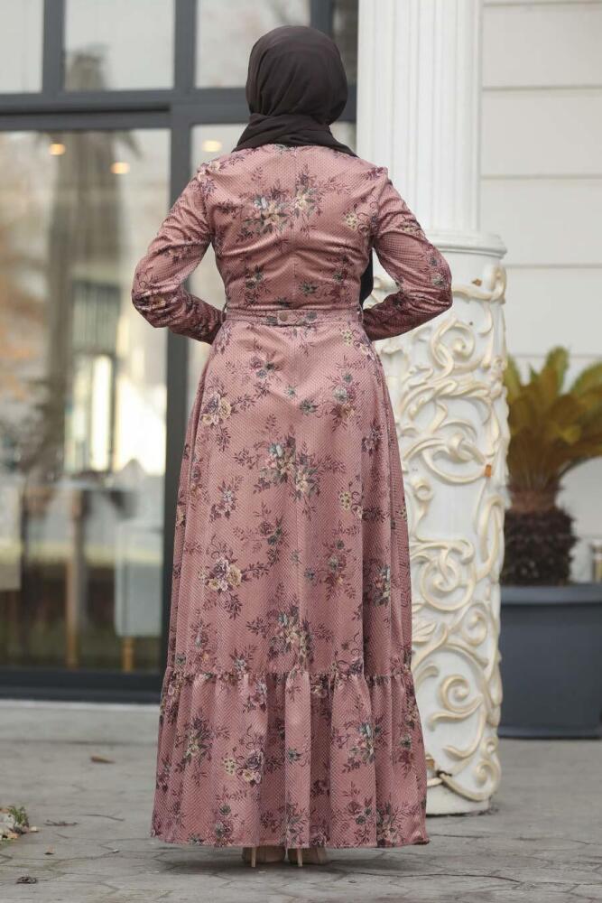 Neva Style - Çiçekli Koyu Somon Tesettür Kadife Elbise 14981KSMN - 4