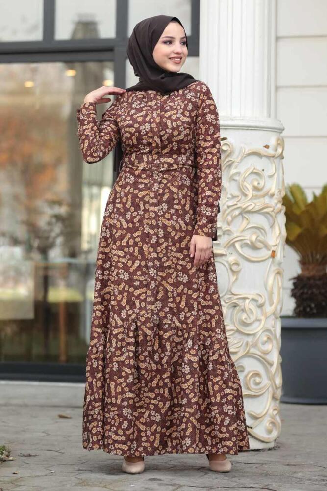Neva Style - Çiçekli Taba Tesettür Kadife Elbise 1498TB - 2