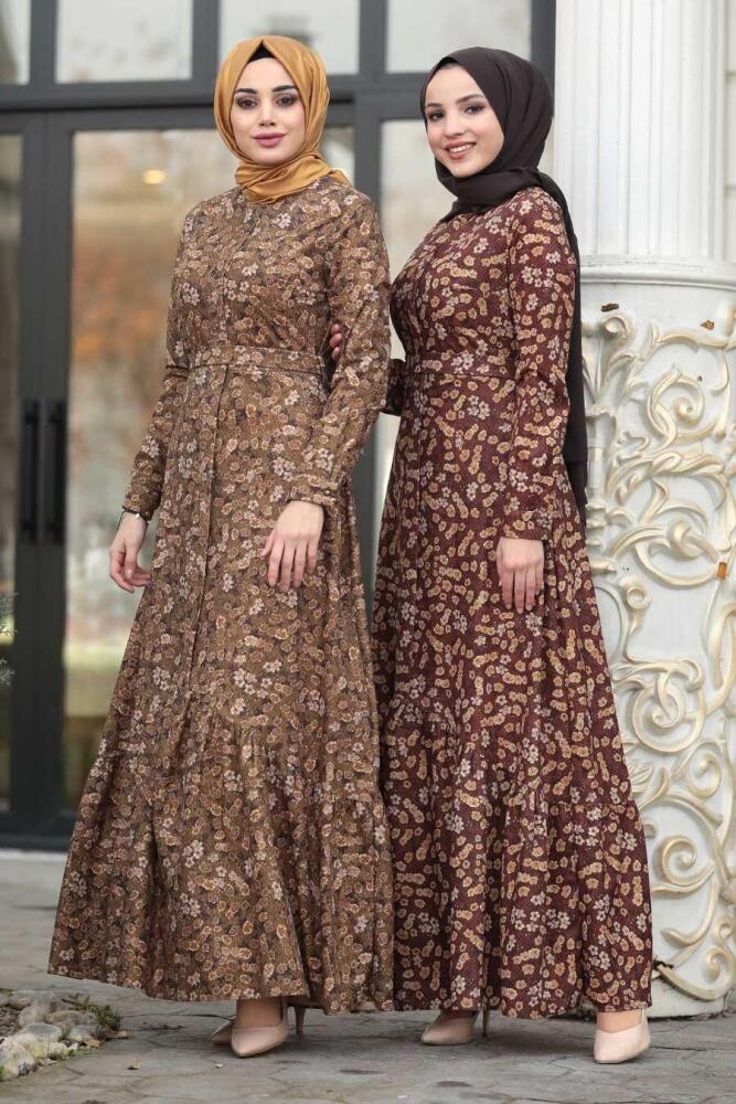 Neva Style - Çiçekli Taba Tesettür Kadife Elbise 1498TB - 3