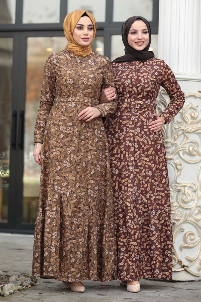 Neva Style - Çiçekli Taba Tesettür Kadife Elbise 1498TB - 4