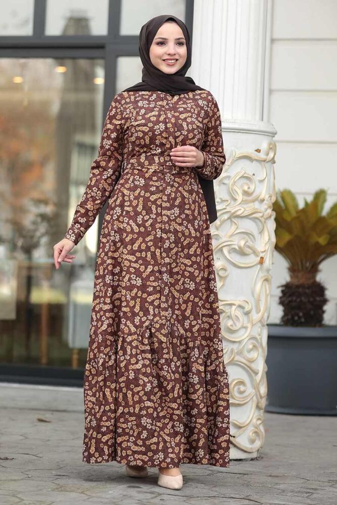 Neva Style - Çiçekli Taba Tesettür Kadife Elbise 1498TB - 1