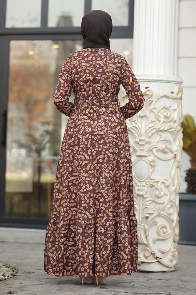 Neva Style - Çiçekli Taba Tesettür Kadife Elbise 1498TB - 5
