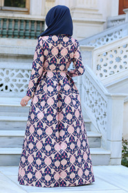 Neva Style - Çini Desenli Lacivert Tesettürlü Abiye Elbise 2646L - Thumbnail
