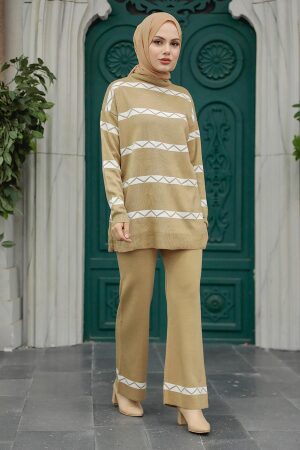 Neva Style - Çizgi Desenli Bisküvi Tesettür Triko İkili Takım 6396BS - 2