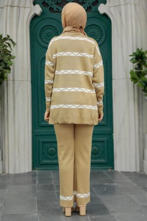Neva Style - Çizgi Desenli Bisküvi Tesettür Triko İkili Takım 6396BS - 3