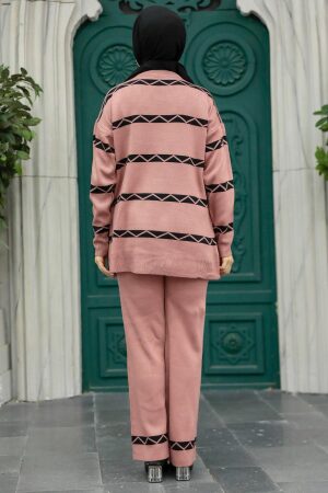  Çizgi Desenli Gül Kurusu Tesettür Triko İkili Takım 6396GK - 3