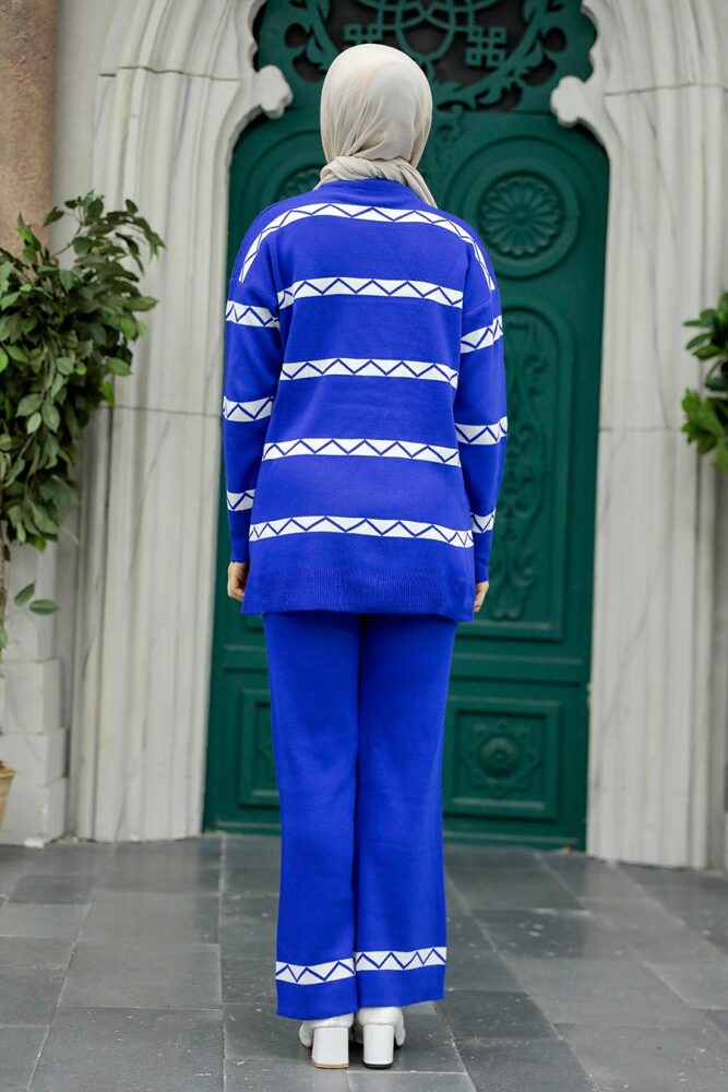 Çizgi Desenli Sax Mavisi Tesettür Triko İkili Takım 6396SX - 3