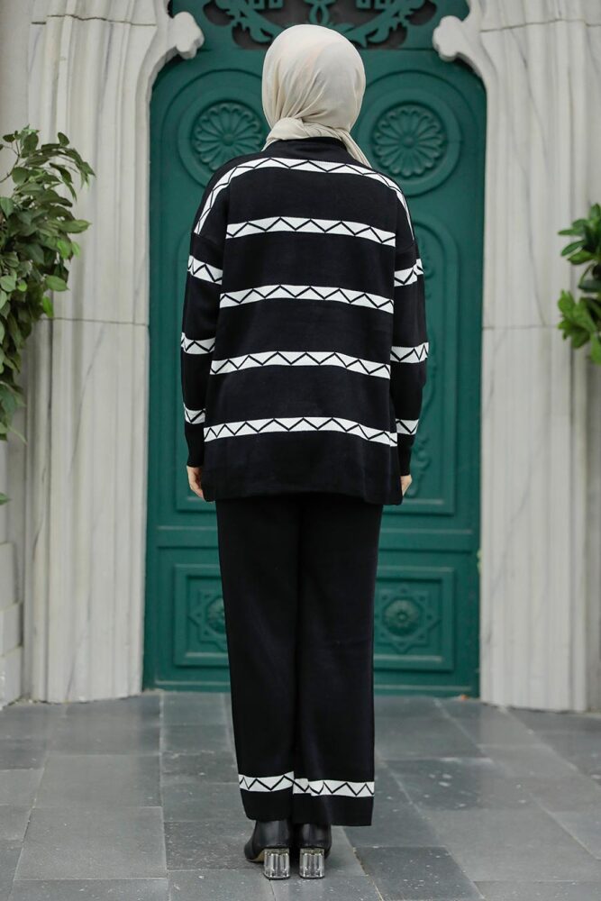  Çizgi Desenli Siyah Tesettür Triko İkili Takım 6396S - 3