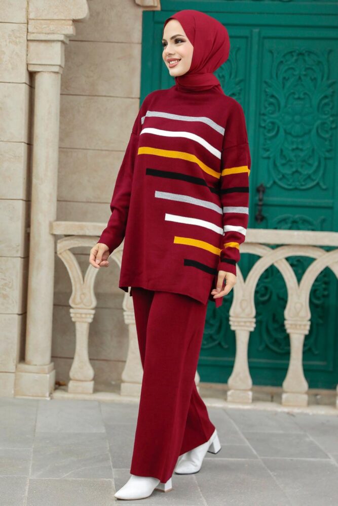 Neva Style - Çizgi Detaylı Bordo Tesettür Triko İkili Takım 6393BR - 1