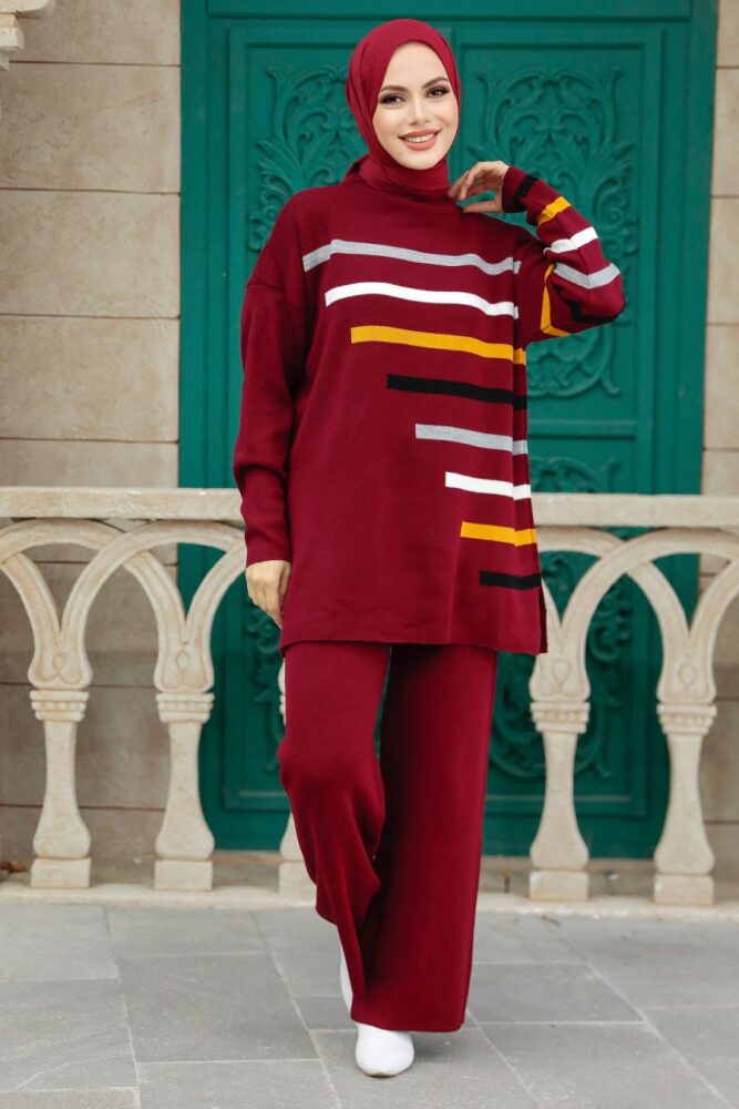 Neva Style - Çizgi Detaylı Bordo Tesettür Triko İkili Takım 6393BR - 2