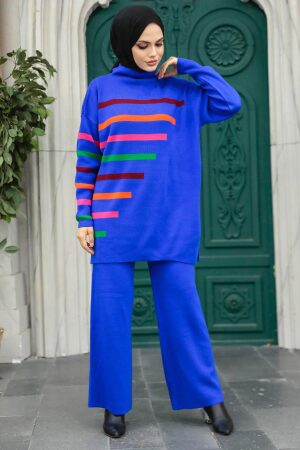  Çizgi Detaylı Sax Mavisi Tesettür Triko İkili Takım 6393SX - NEVA STYLE