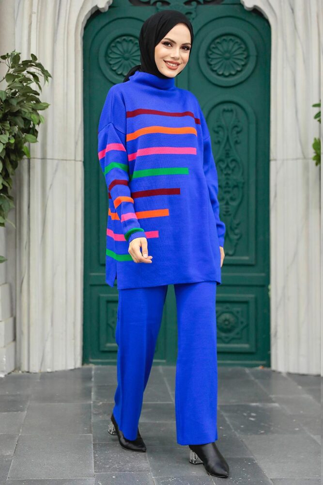  Çizgi Detaylı Sax Mavisi Tesettür Triko İkili Takım 6393SX - 2