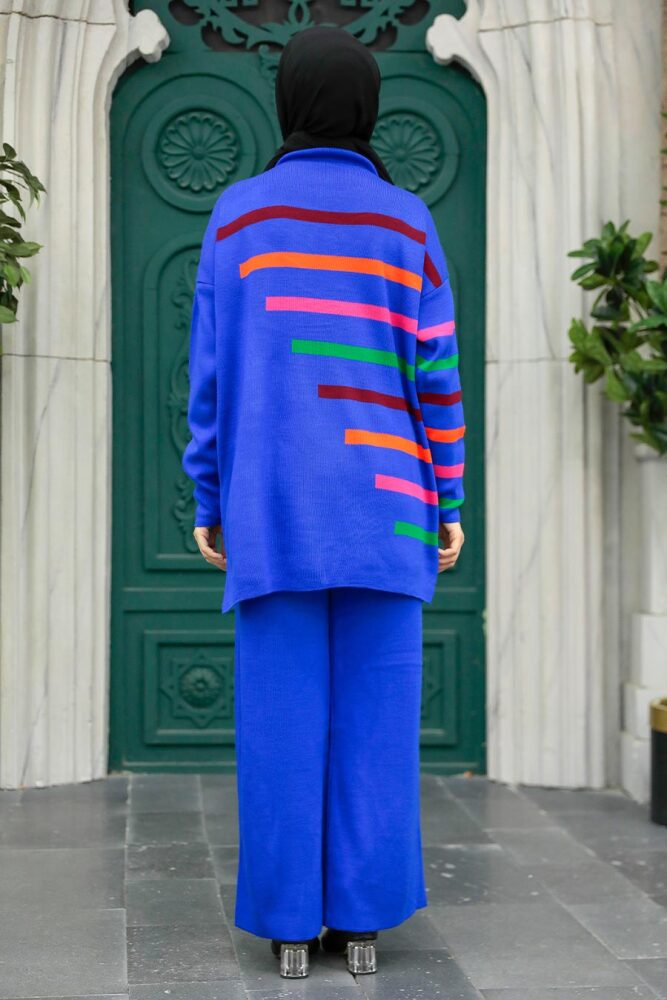  Çizgi Detaylı Sax Mavisi Tesettür Triko İkili Takım 6393SX - 3