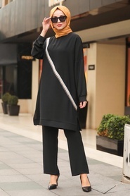 Neva Style - Çizgi Detaylı Siyah Tesettür İkili Takım 12100S - Thumbnail