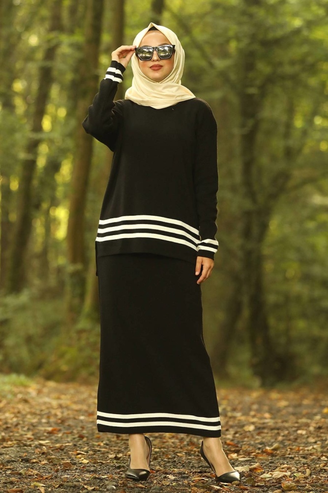 Neva Style - Çizgi Detaylı Siyah Tesettür Takım 20502S - 1