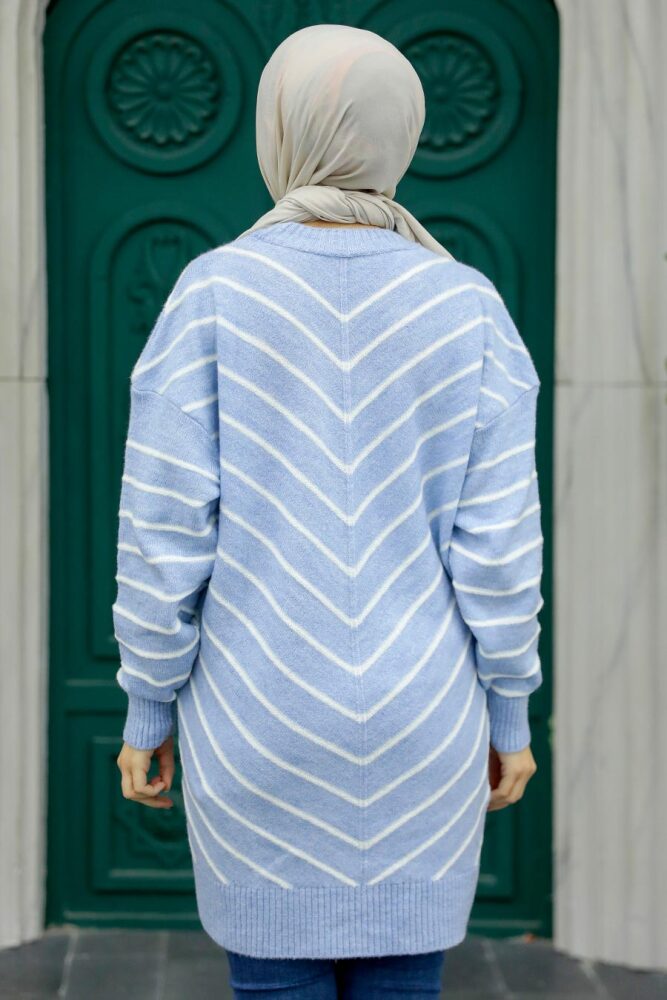 Neva Style - Çizgili Bebek Mavisi Tesettür Triko Kazak 81861BM - 2