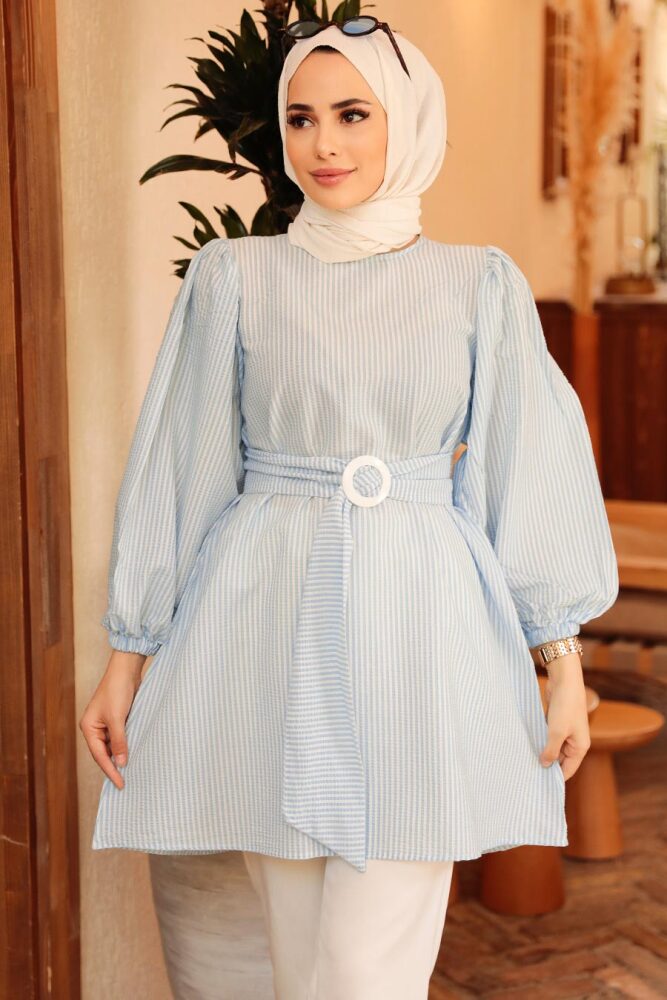 Neva Style - Çizgili Bebek Mavisi Tesettür Tunik 40681BM - 1
