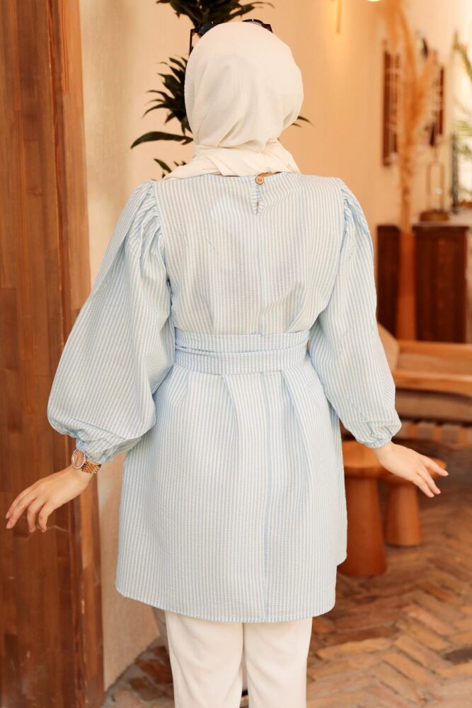 Neva Style - Çizgili Bebek Mavisi Tesettür Tunik 40681BM - 4