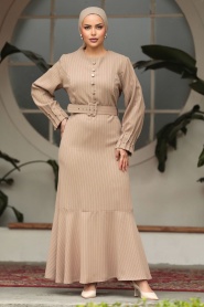 Neva Style - Çizgili Bej Tesettür Elbise 57452BEJ - Thumbnail