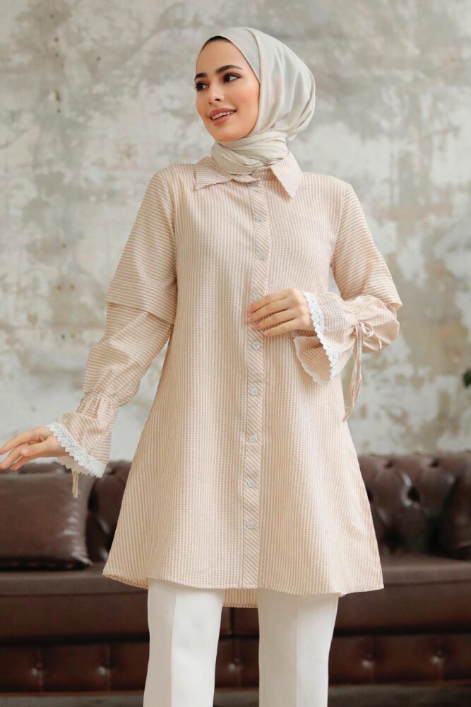 Neva Style - Çizgili Bej Tesettür Gömlek 11251BEJ - NEVA STYLE