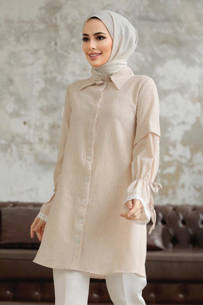 Neva Style - Çizgili Bej Tesettür Gömlek 11251BEJ - 2