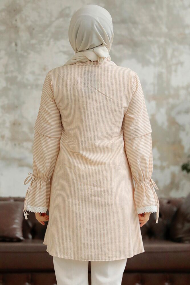 Neva Style - Çizgili Bej Tesettür Gömlek 11251BEJ - 3