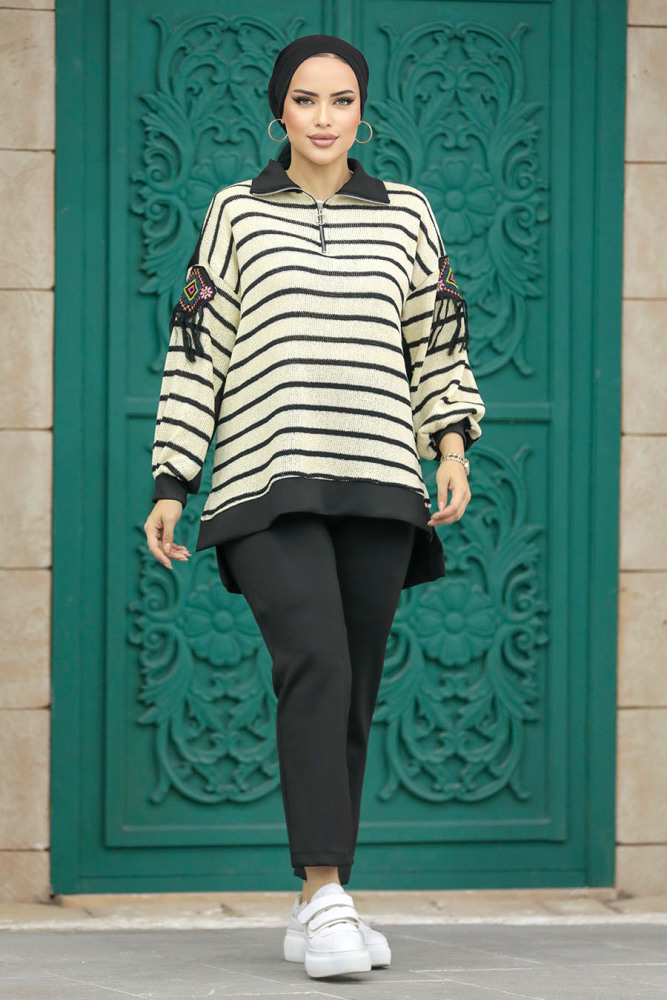 Neva Style - Çizgili Bej Tesettür İkili Takım 7094BEJ - 2