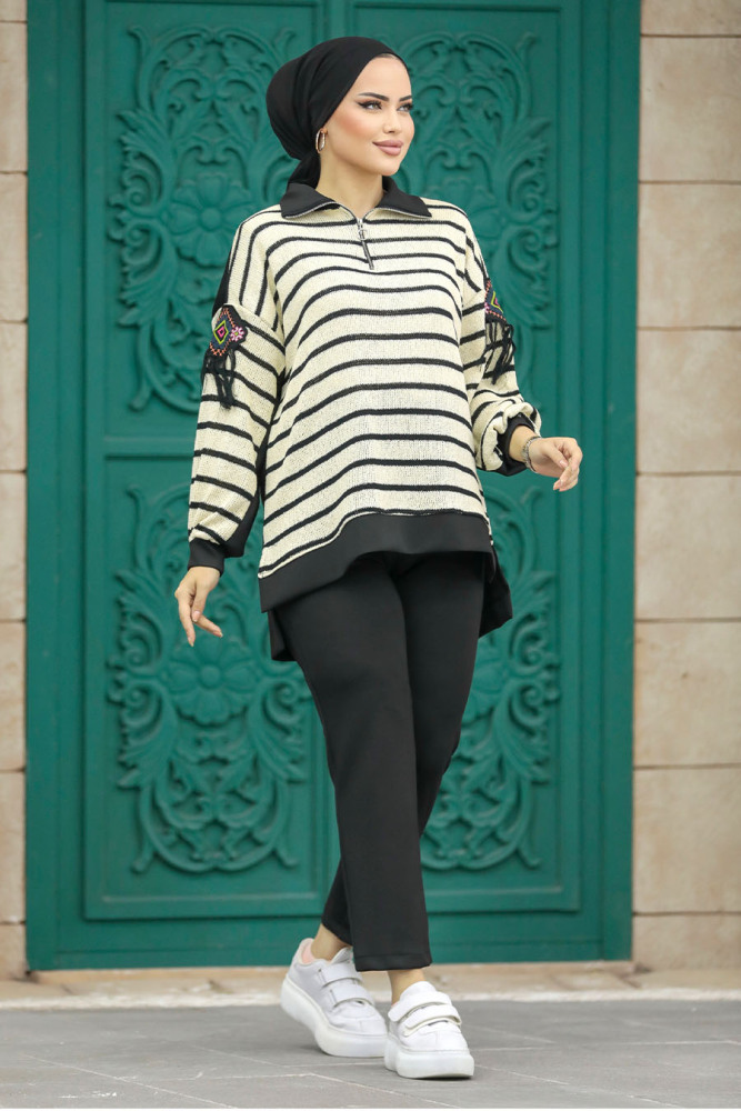 Neva Style - Çizgili Bej Tesettür İkili Takım 7094BEJ - 1