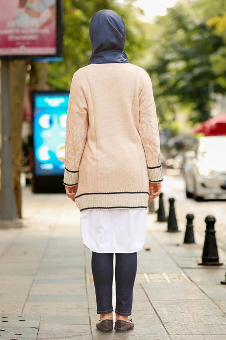 Neva Style - Çizgili Bej Tesettür Triko Tunik 15489BEJ - 2