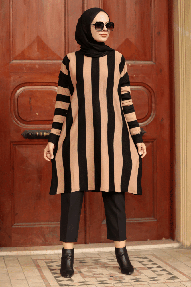  Çizgili Bisküvi Tesettür Triko Tunik 33210BS - 1