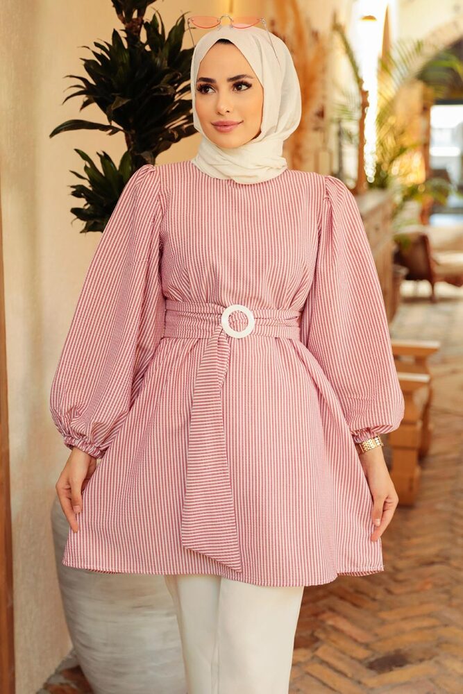 Neva Style - Çizgili Bordo Tesettür Tunik 40681BR - 1