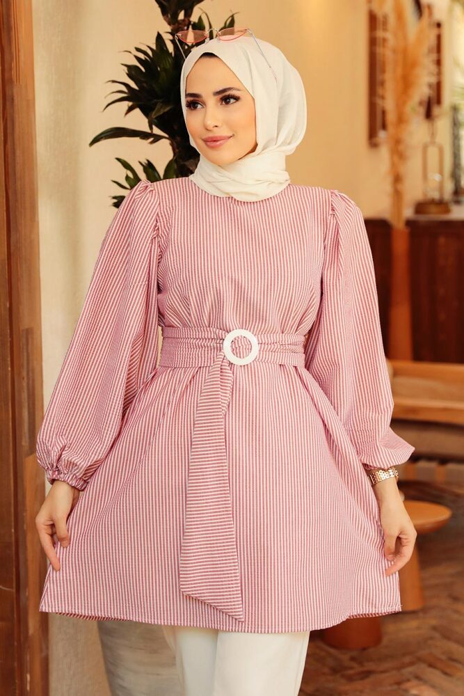 Neva Style - Çizgili Bordo Tesettür Tunik 40681BR - 2