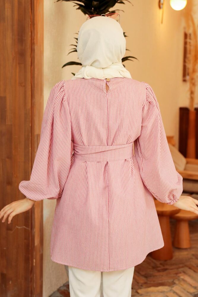 Neva Style - Çizgili Bordo Tesettür Tunik 40681BR - 3