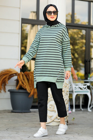 Neva Style - Çizgili Çağla Yeşili Tesettür Sweatshirt & Tunik 40501CY - Thumbnail