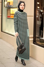 Neva Style - Çizgili Çağla Yeşili Tesettür Triko Elbise 33371CY - Thumbnail