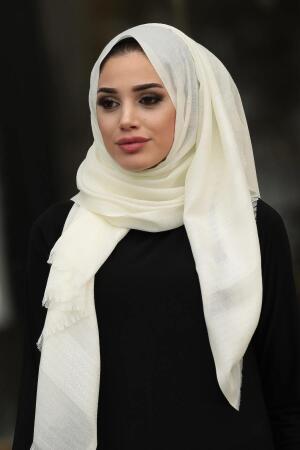 Neva Style - Çizgili Desenli Ekru Şal 7508E - 1
