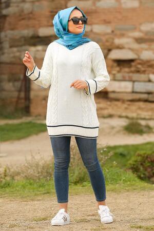 Neva Style - Çizgili Ekru Tesettür Triko Tunik 15489E - 1