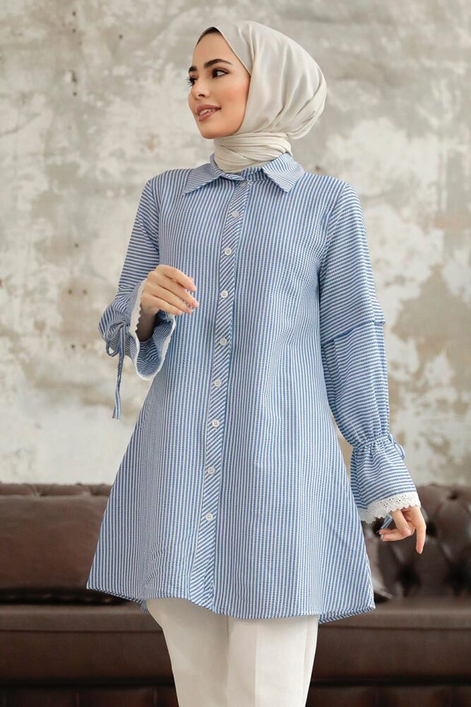 Neva Style - Çizgili İndigo Mavisi Tesettür Gömlek 11251IM - 2