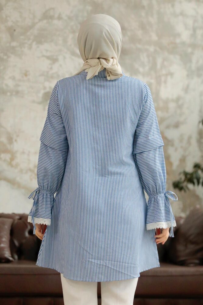 Neva Style - Çizgili İndigo Mavisi Tesettür Gömlek 11251IM - 3