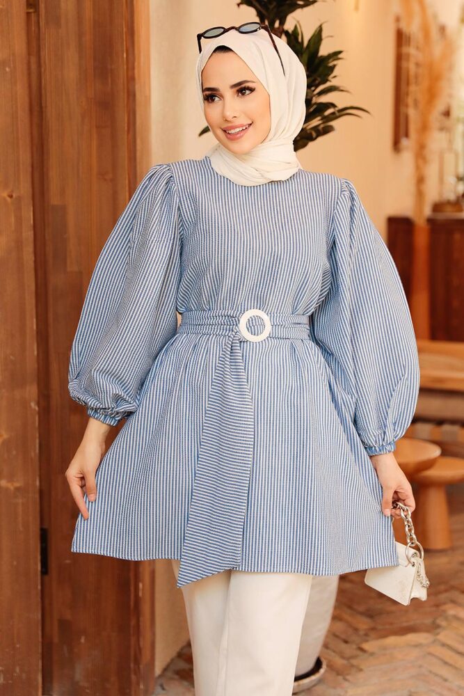 Neva Style - Çizgili İndigo Mavisi Tesettür Tunik 40681IM - 2