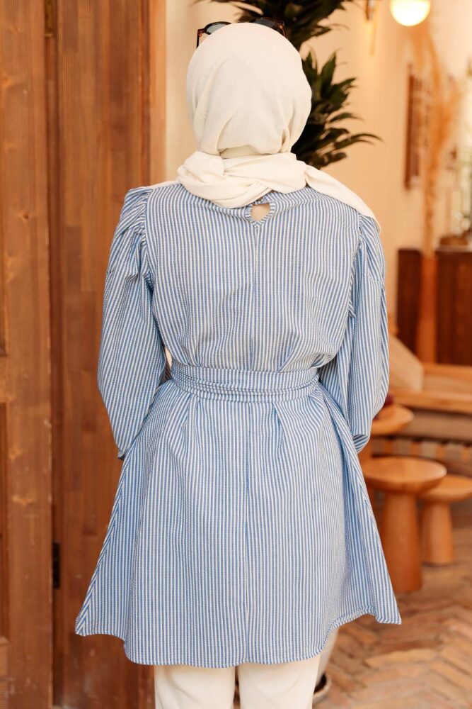 Neva Style - Çizgili İndigo Mavisi Tesettür Tunik 40681IM - 4