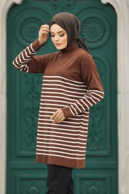 Neva Style - Çizgili Kahverengi Tesettür Triko Tunik 10141KH - Thumbnail