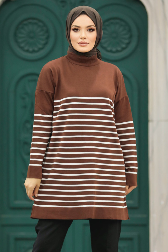 Neva Style - Çizgili Kahverengi Tesettür Triko Tunik 10141KH - 2
