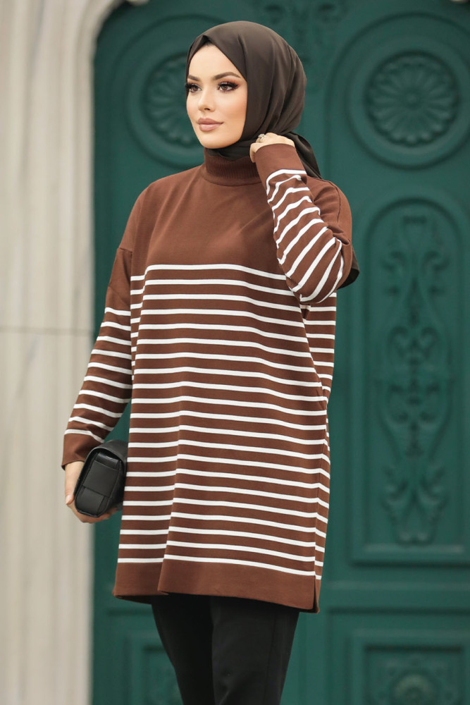 Neva Style - Çizgili Kahverengi Tesettür Triko Tunik 10141KH - 1