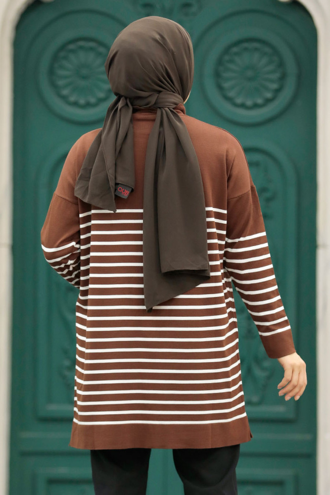 Neva Style - Çizgili Kahverengi Tesettür Triko Tunik 10141KH - 4