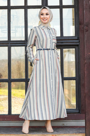 Neva Style - Çizgili Kiremit Tesettür Elbise 3198KRMT - Thumbnail