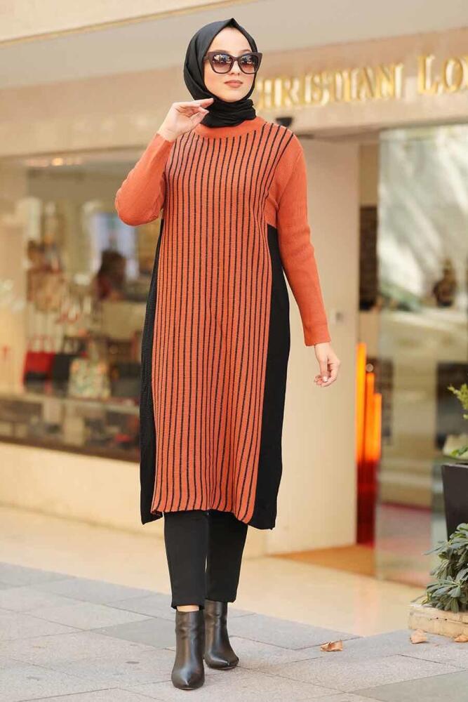 Neva Style - Çizgili Kiremit Tesettür Triko Tunik 15624KRMT - 1