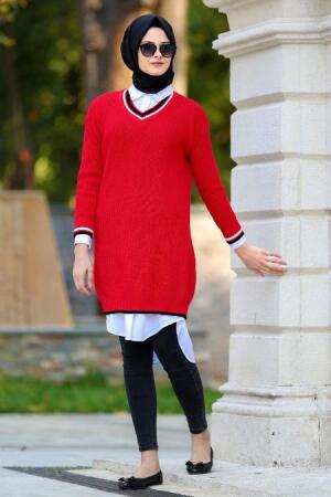 Neva Style - Çizgili Kırmızı Tesettür Triko Tunik 28800K - 1