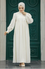 Neva Style - Çizgili Krem Tesettür Elbise 19091KR - Thumbnail