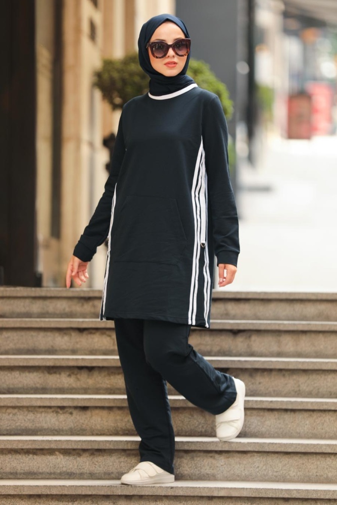 Neva Style - Çizgili Lacivert Tesettür Eşofman Takım 91480L - 1